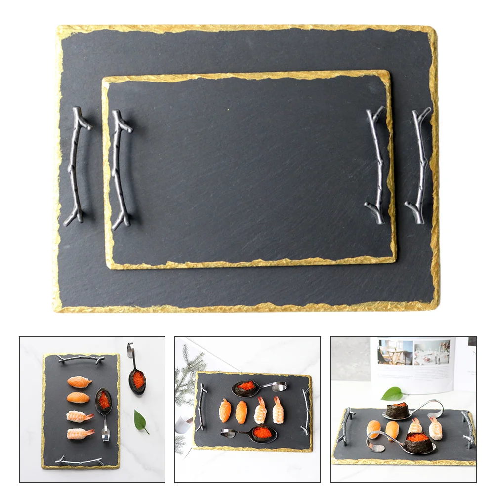 

Modern Stone Food Tray Rectangle Pottery Serving Platter with Handles Decorative Snack Plate for Parties Buffet Outdoor