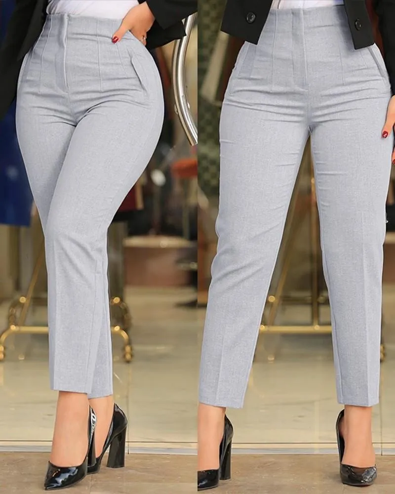 Women\'s Slim Solid Color Pleated All-Matched Suit Nine-Point Pants Fashion Casual Black Long Pant New 2024