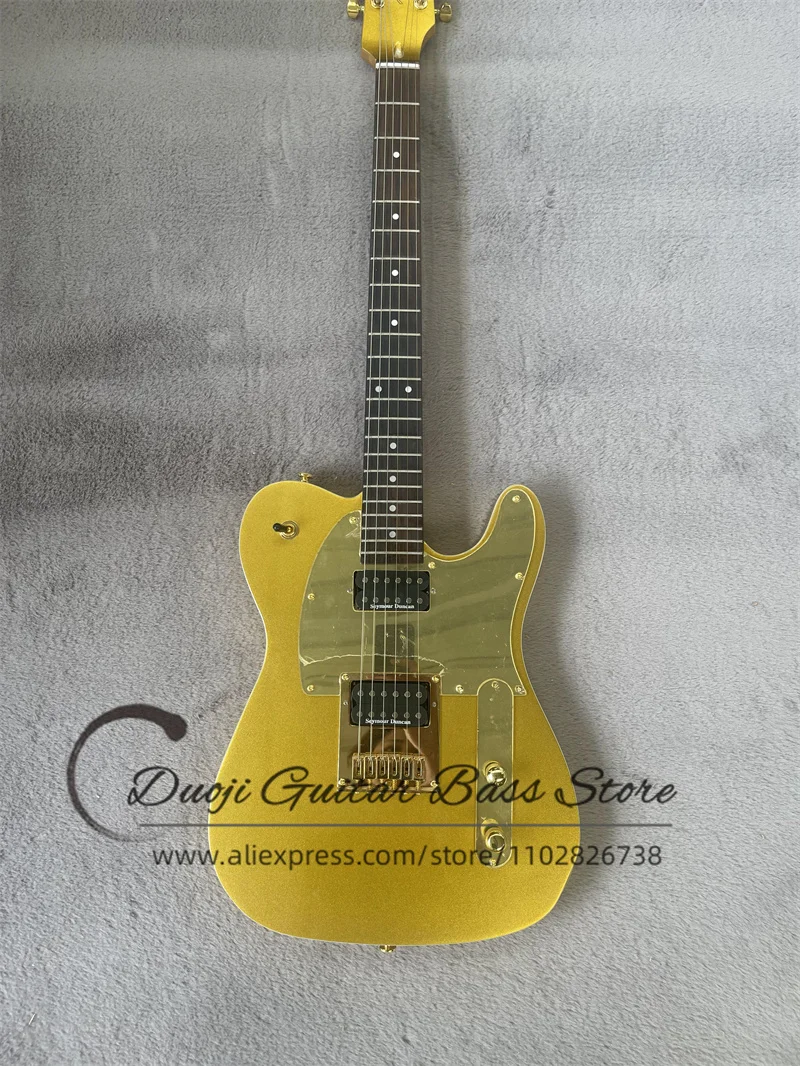 Golden Electric Guitar Solid Body Rosewood Fingerfrets Fixed Bridge Golden Mirror Pickguard Long Headstock Factory Custom