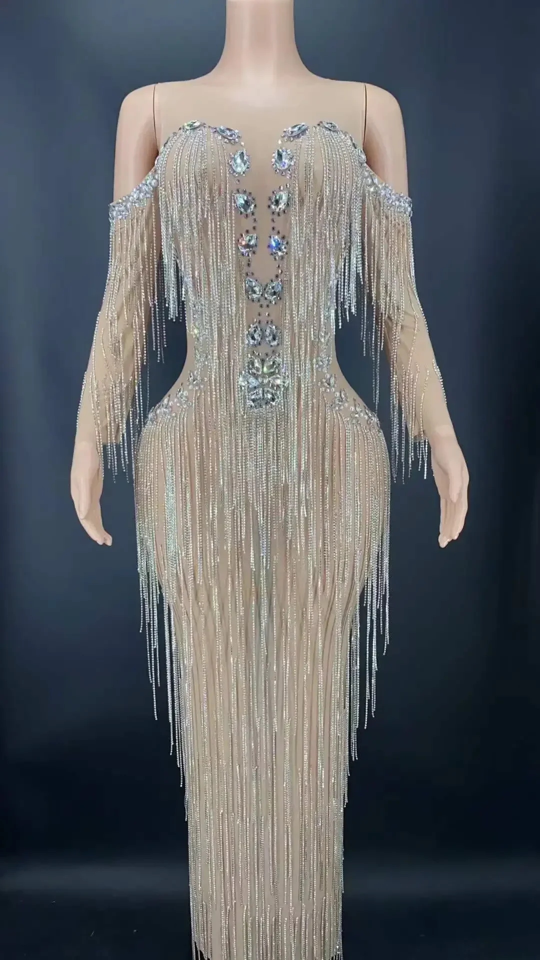 Vestido transparente con flecos de diamantes de imitación plateados, cadenas de cristales, disfraces de actuación de cantante, celebración de noche de cumpleaños