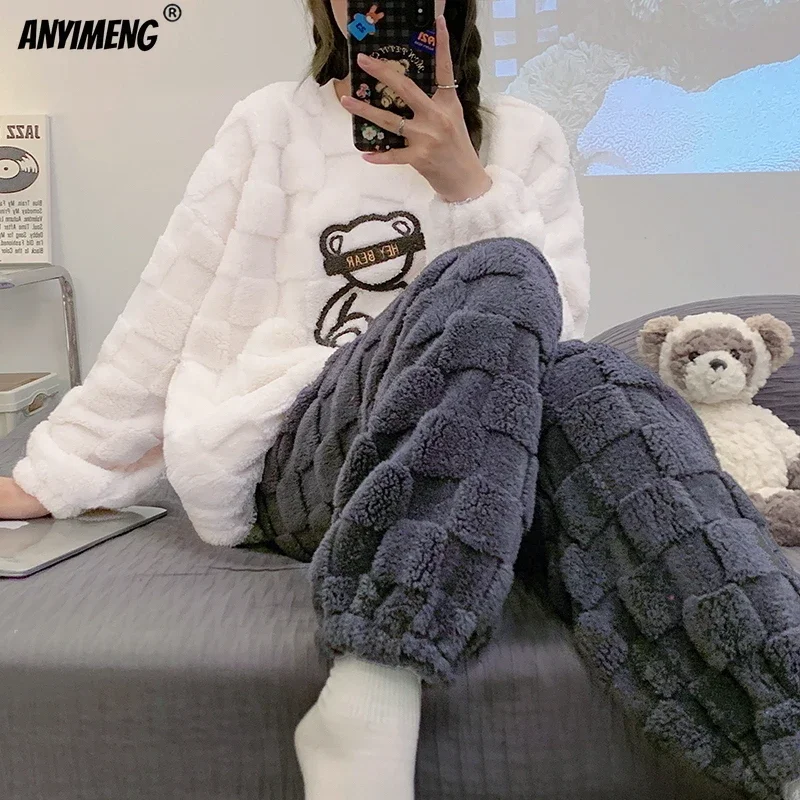 HQ Winter Women Pajamas Set Thick Chinese Velvet Sleepwear Pullover Female Thermal Homewear Korean Girl Pijamas Teddy Loungewear