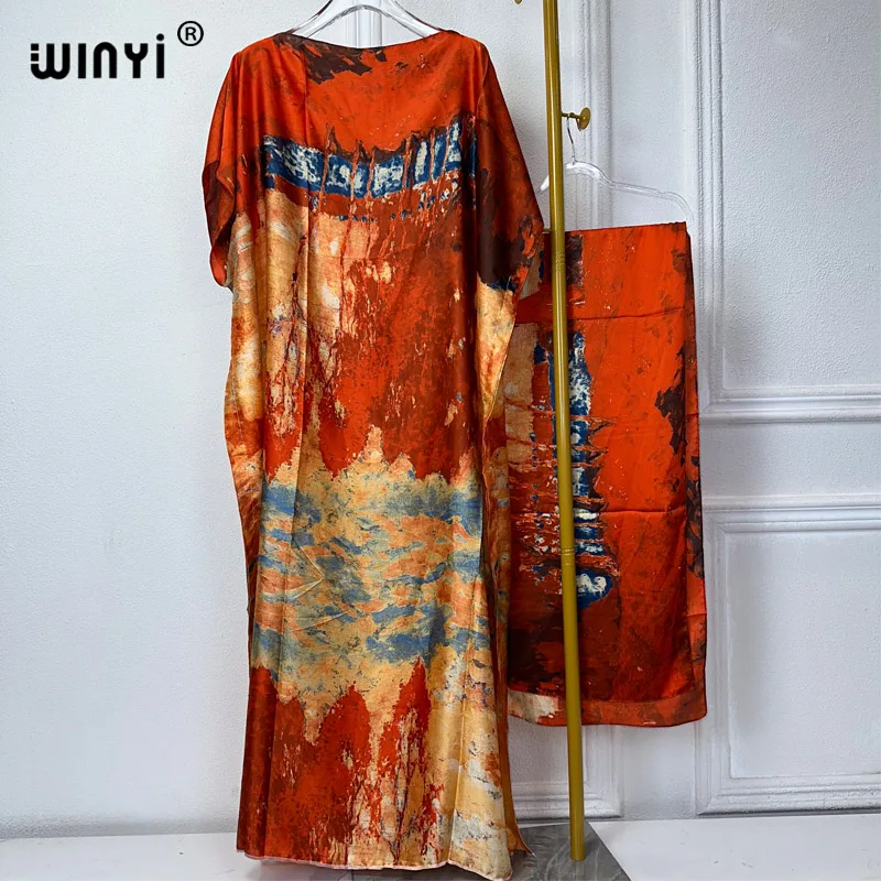 WINYI 2024 New African Women Dashiki boho print muslim woman dubai Free Size Design With Scarf Maxi Loose African Elegant Dress