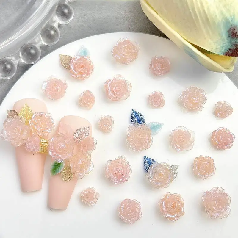 

Random Mixed Rose Peony Flower Nail Charms Sparkling Grapefruit Color Flower Series Resin Nail Art Accessories DIY Nails Designs