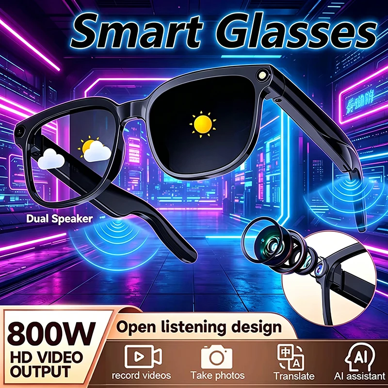NUEVAS Gafas Inteligentes con Cámara de 800W, Grabación de Video, Reconocimiento de Fotos por IA, Llamadas Bluetooth, Traducción de Voz y Música