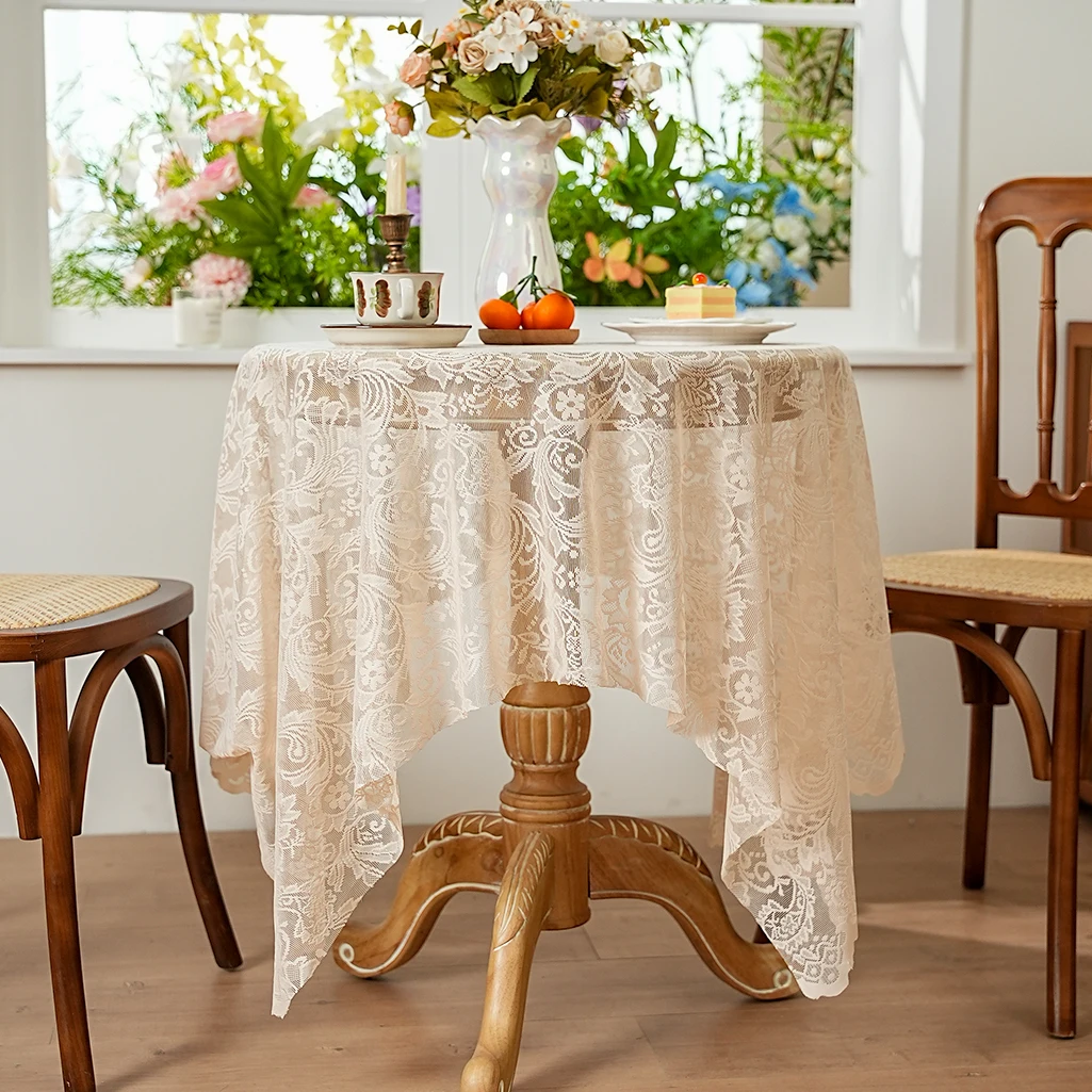 French Style Beige Countryside Lace Tablecloth for Living Room Bedroom Outdoor Dining Table Decorative Cover