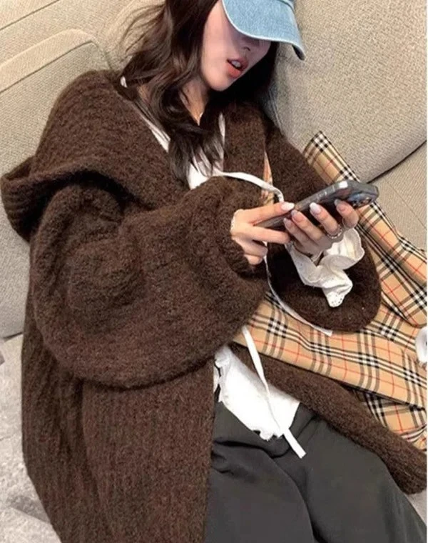 

Женская свободная трикотажная толстовка с капюшоном, пальто из мягкого полиэфирного волокна, средней длины, повседневное, модное