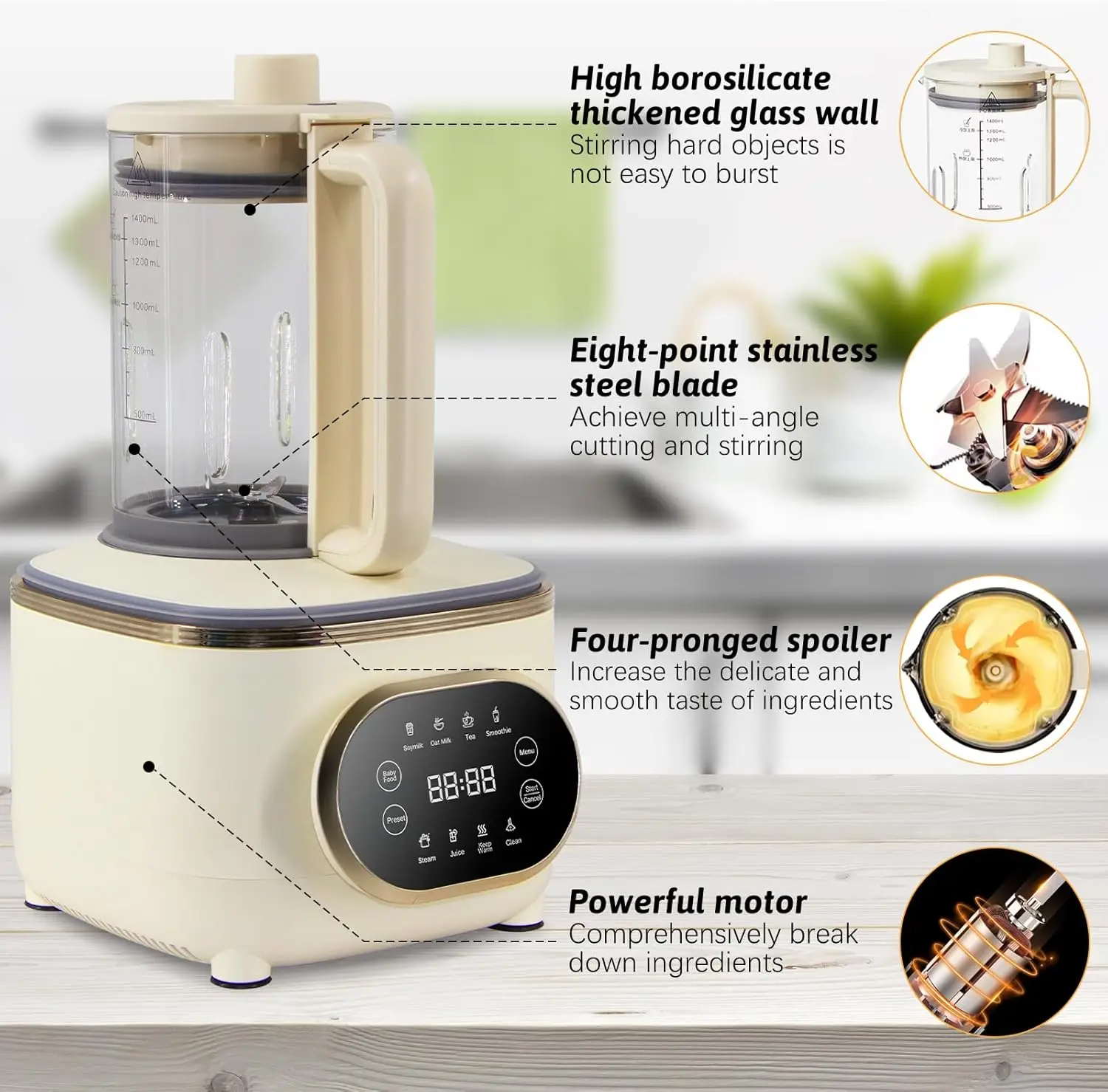 صانع حليب الصويا 8 في 1 مع غطاء عازل للصوت منخفض الضوضاء 50 أونصة/1.5 لتر أوتوماتيكي بالكامل لحليب الصويا وحليب الشوفان وحساء الشاي وعصير باب