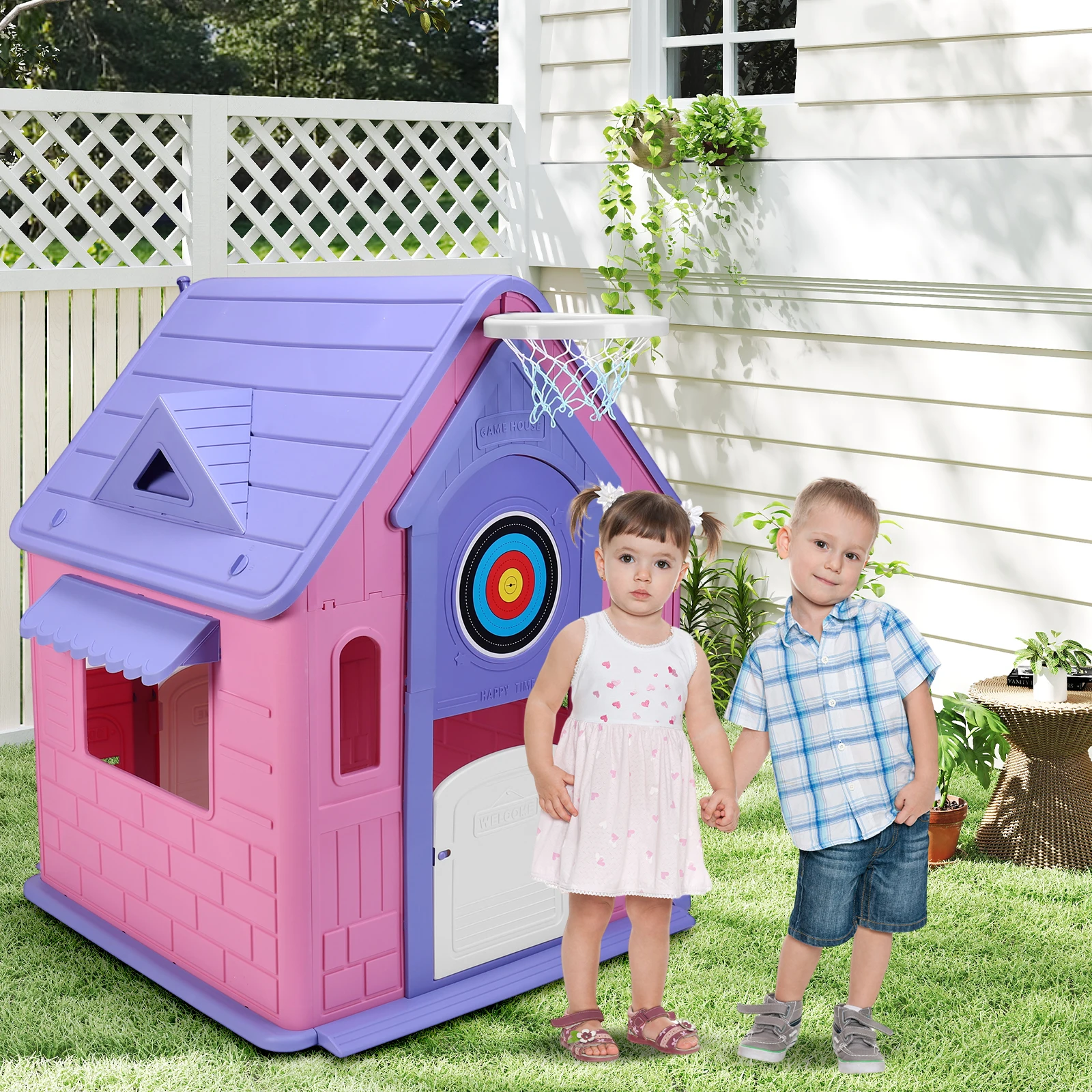 

Garden Games Cottage with Basketball Hoop Dartboard Plastic Playhouse Outdoor Playhouse for Toddlers