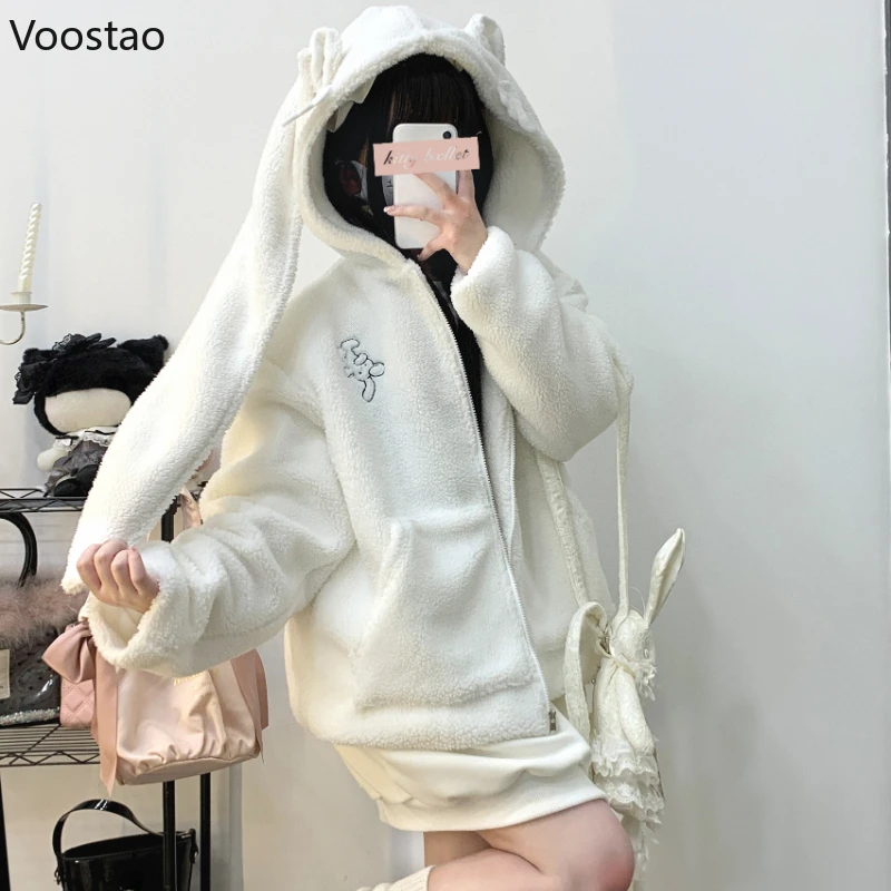 Autumn Winter Women Sweet Warm Jacket Y2k Cute Lambswool Embroidery Bunny Ears Hooded Coats Girls Parkas Outwear Zipper Hoodies