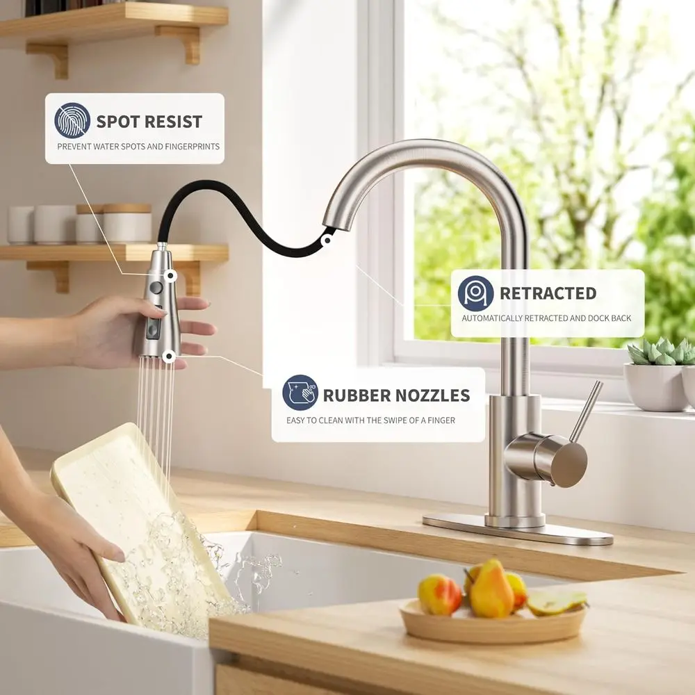 Torneira moderna de cozinha com pulverizador pull-down de alça única de arco alto em níquel escovado para RV, lavanderia, bar e fazenda