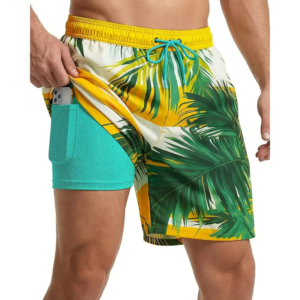 

7 Inch Men Swim Trunks Palm Tree with Compression Breathable Liner Quick Dry Zipper Pockets for Board Beach Cruise