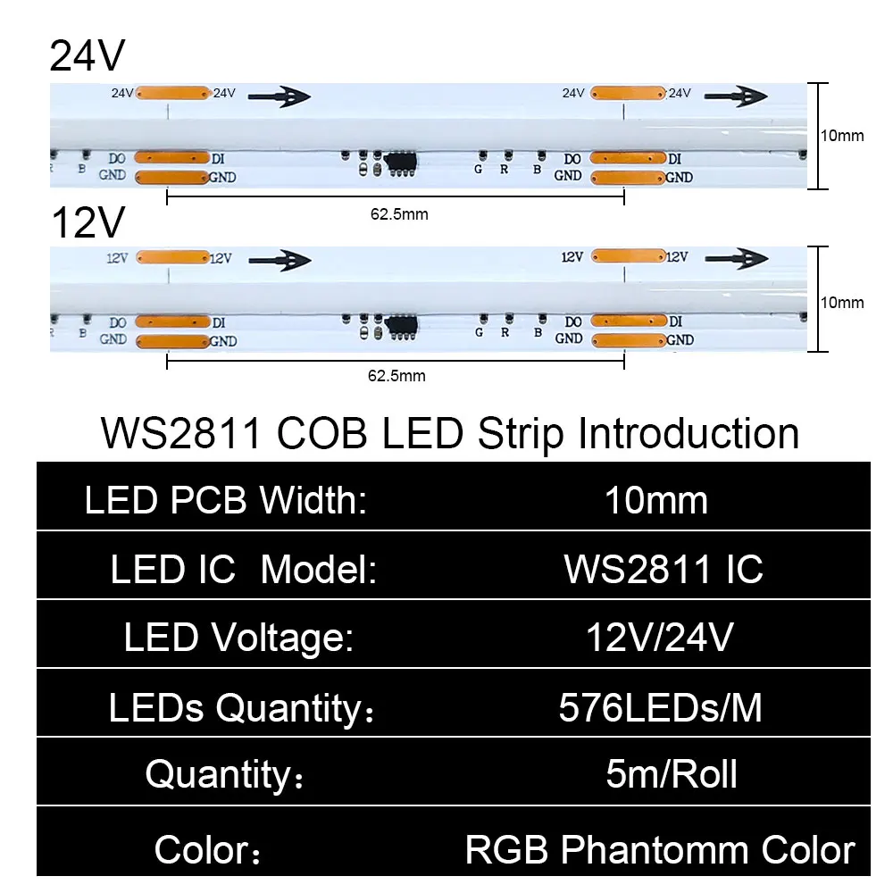 WS2811 COB LED Strip DC12V 24V RGBIC Addressable Smart Pixel Dream Color High Density Flexible RGB FCOB Led Tape Lights 10mm PCB