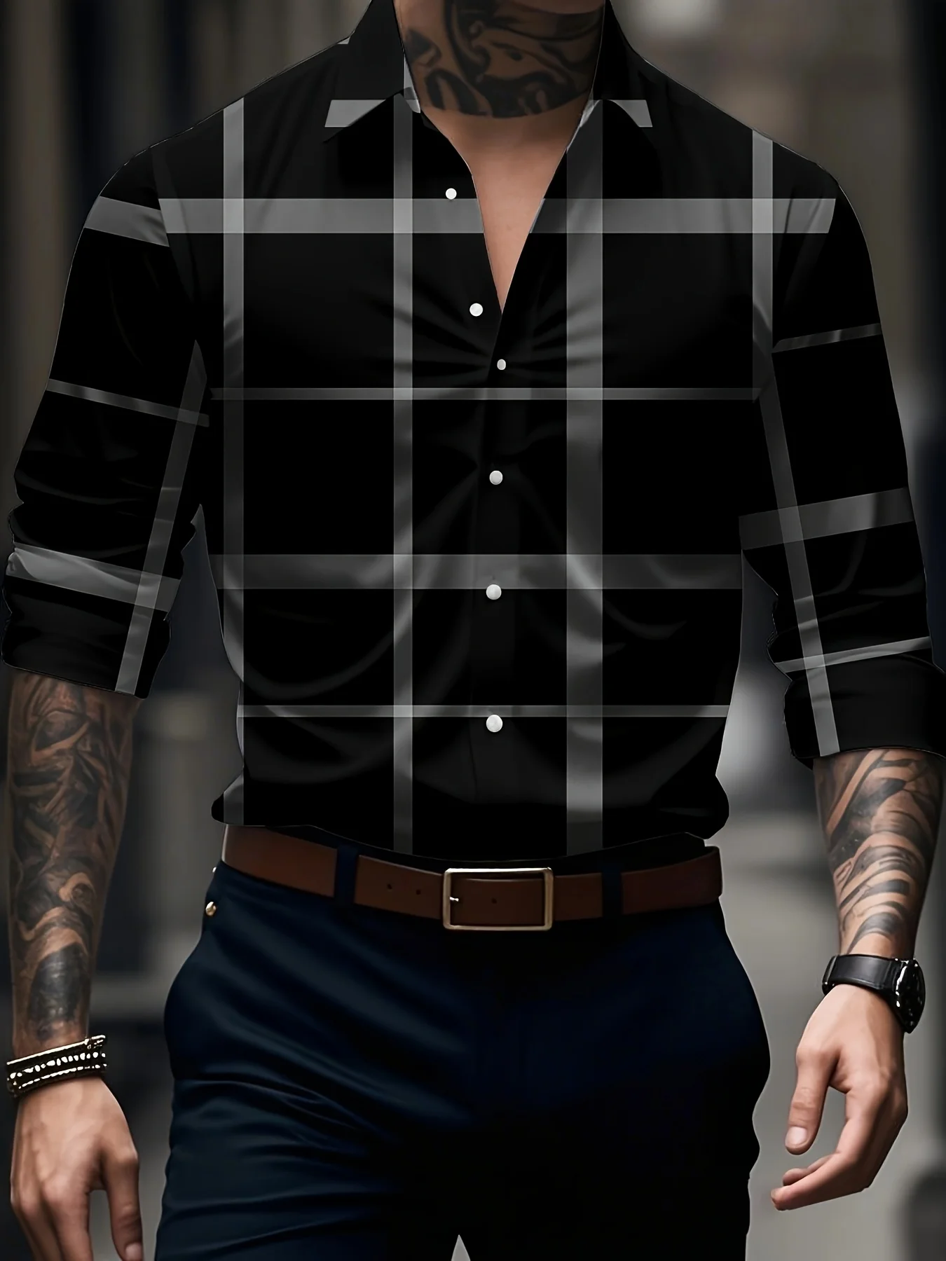 

2025 Мужская стильная рубашка с длинным рукавом в клетку с принтом, повседневная облегающая уличная одежда, стильная рубашка с принтом, удобная верхняя блузка для мужчин