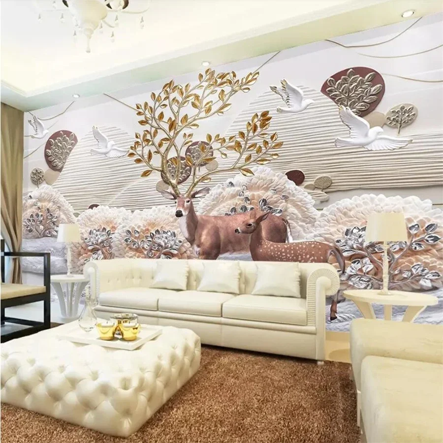 Custom wallpaper 3d photo mural luxury golden peacock jewelry background wall Nordic landscape woods elk embossed wall papers