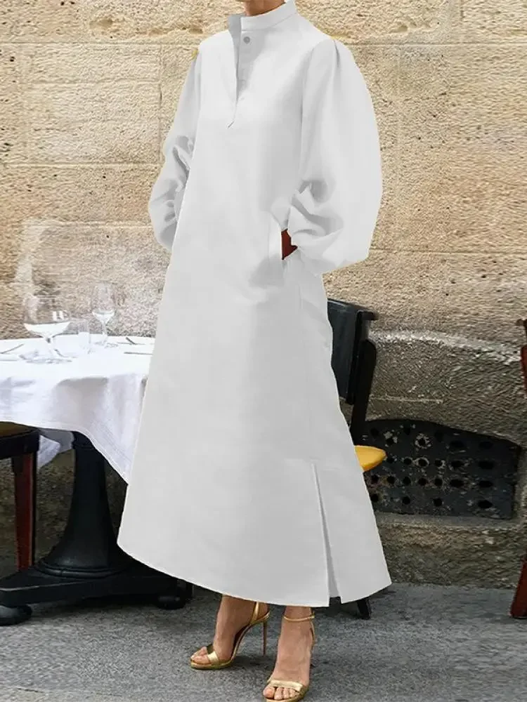 

Freeacy Stand Collar Long Sleeve Wrap Dress for Women 2024 Stylish Solid Color Loose Fit Pockets Split-side A-line Maxi Dress