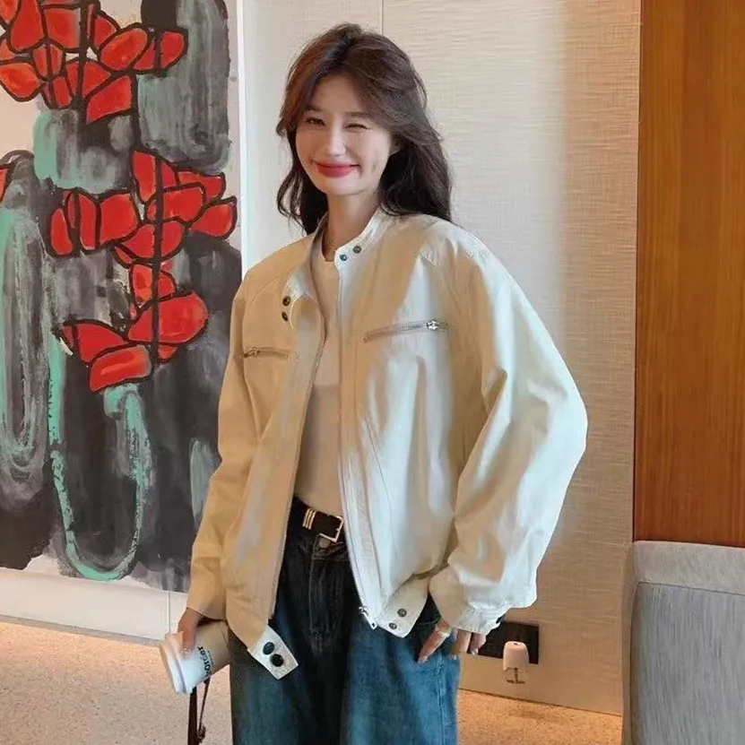 Double-layer with lining, American stand-up collar tooling jacket for women's spring and autumn loose