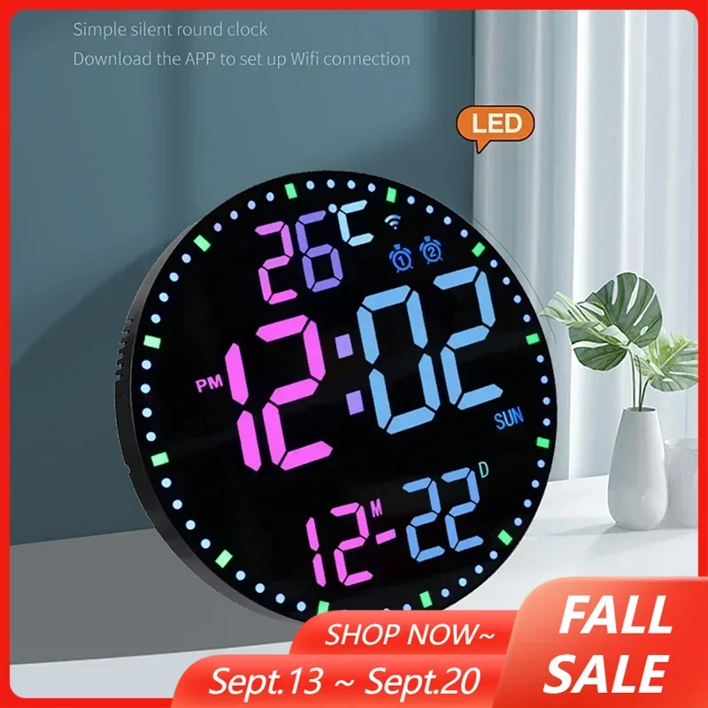Wifi App Control RGB LED Wall Clock with Dual Alarms Living Room Temperature Date Time Week Display Electronic Alarm Clock