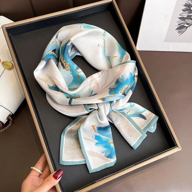 

100% Real Silk Scarf Women 2026 Blue Oil Painting Scarves Long Pure Silk Ribbon Hijabs Double-sided Neckerchief Foulard