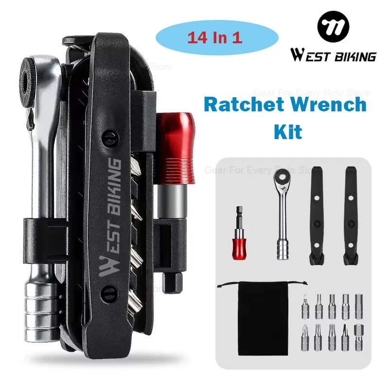 WEST BIKING Ratchet Wrench Tool Kit Tire Pry Bar Quick Release Extension Rod Portable 14 in 1 Bicycle Repair Tool