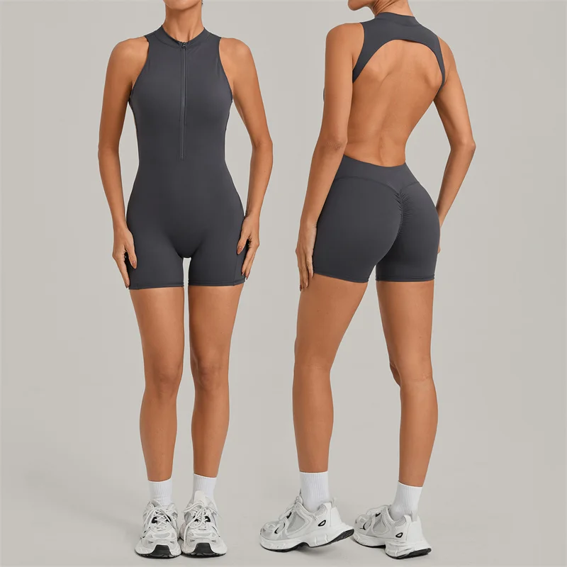 

TRY TO BN Yoga Jumpsuit Zipper Hollow Back Butt Lift Sportswear Fitness Workout Bodysuit Short One Piece Set Gym Woman Clothing