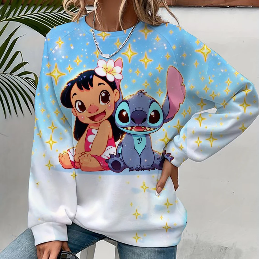 Sweatshirt motif Disney Stitch wanita, pullover leher bulat musim semi dan musim gugur, pakaian pas longgar Korea, Harajuku retro