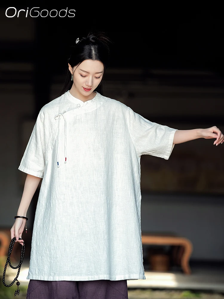 OriGoods Chinese style Short Sleeve Summer Long Shirt Women Ramie Cotton Vintage Zen style Long Blouse Tops 2024 New Shirts C043