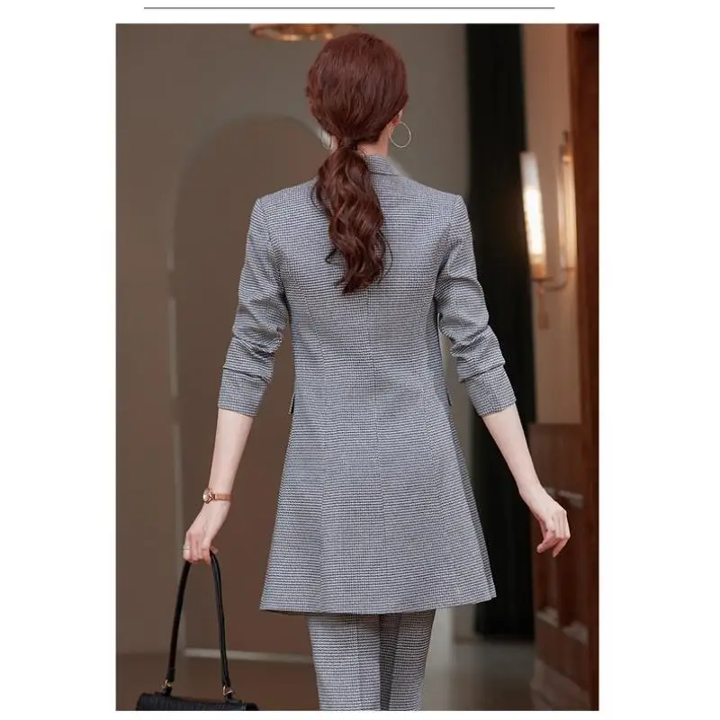 (Extended coat+pants) Korean high-end plaid women's suit set, large-sized slim fitting professional clothing