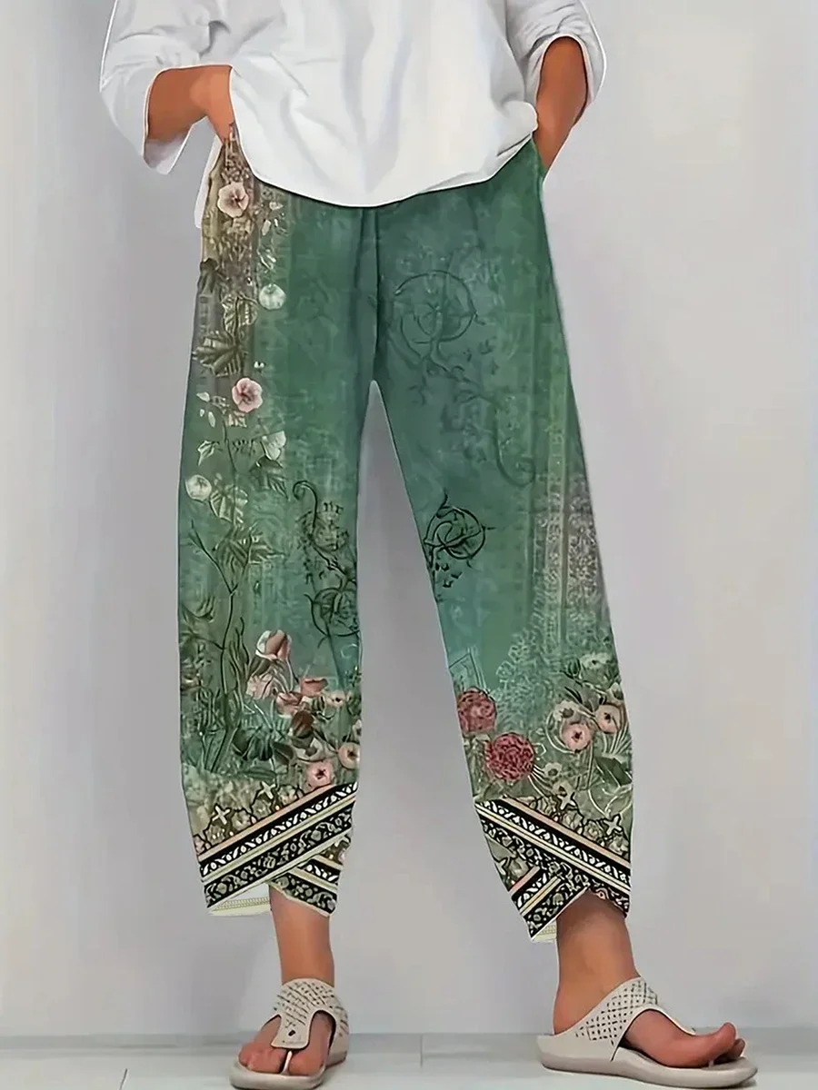 Hose mit hoher Taille, Blumenmuster, weitem Bein, für Damen, lässige, lockere Passform, elastischer Bund mit Taschen, Boho-Stil, unregelmäßiger Saum. – Detail 1