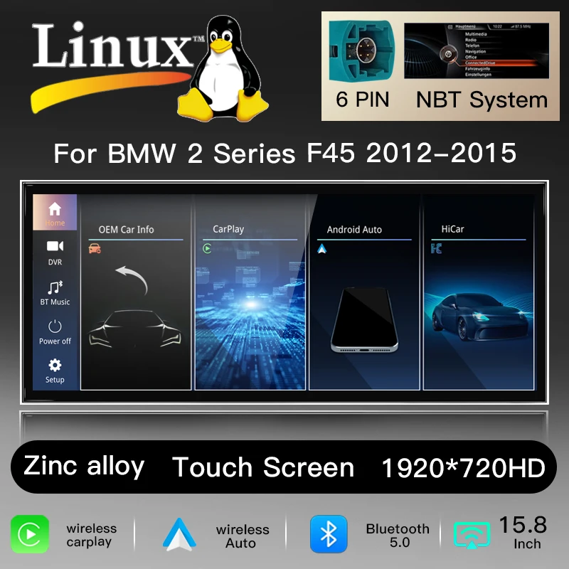15,8" 1920*720 Linux-scherm, draadloze CarPlay, Android Auto-radio voor BMW F45 F46 2012-2019, NBT EVO multimedia-speler, stereo, GPS-navigatie, hoofdunit, audio.