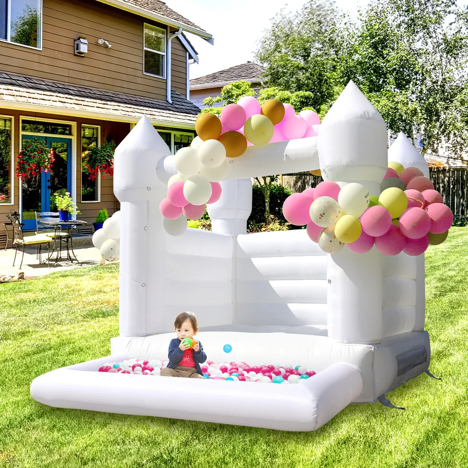

10x8x8ft White Inflatable Bouncer House Castle Mini Bouncy Castle with Pool and Blower