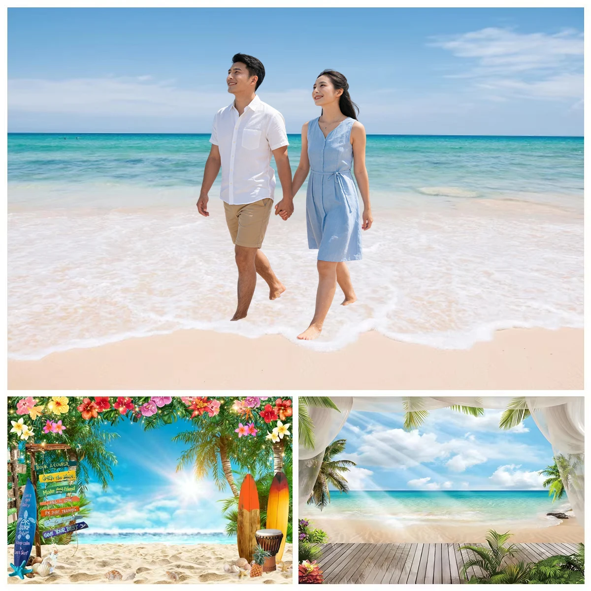 

Summer Ocean Seaside Backgrounds For Photographs Blue Ocean Window Palm Tree Flower Baby Birthday Holiday Party Photo Backdrop