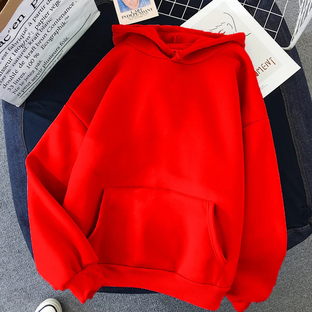 Men women Red Hoodies Autumn Long Sleeve Pullover Tops Casual Pocket Hoodies Unisex Outer Loose Sport Wear