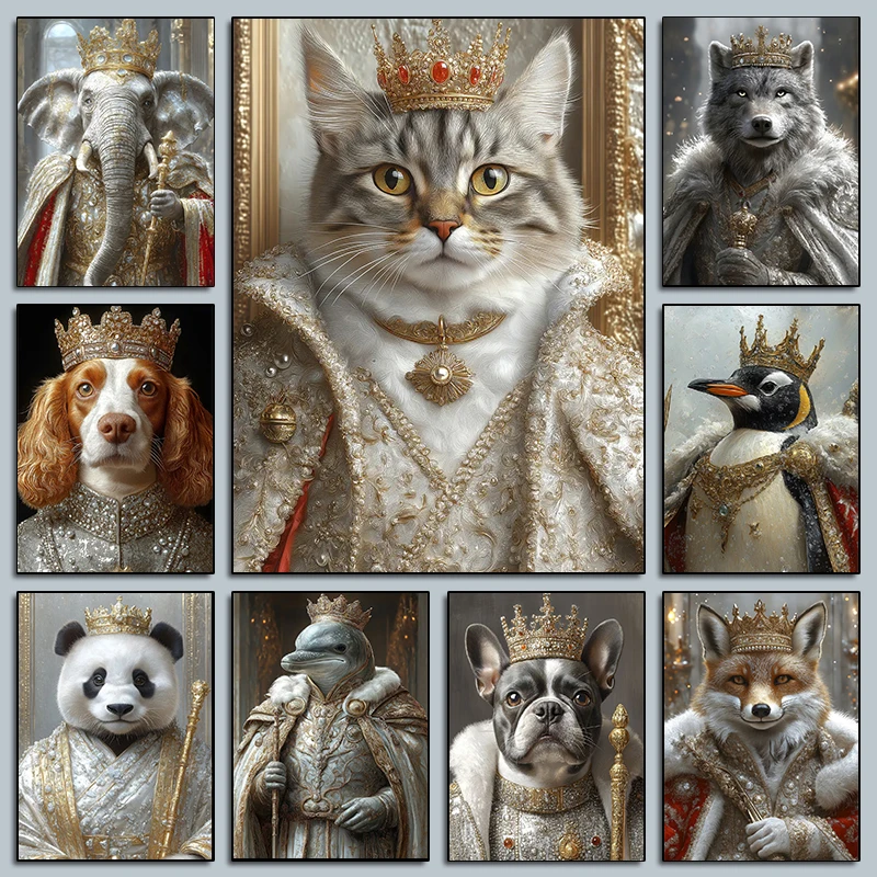 Solemn Animals King Portrait Posters Golden Crown Royal Attire Lion Penguin Prints Canvas Wall Pictures Home Living Room Decor