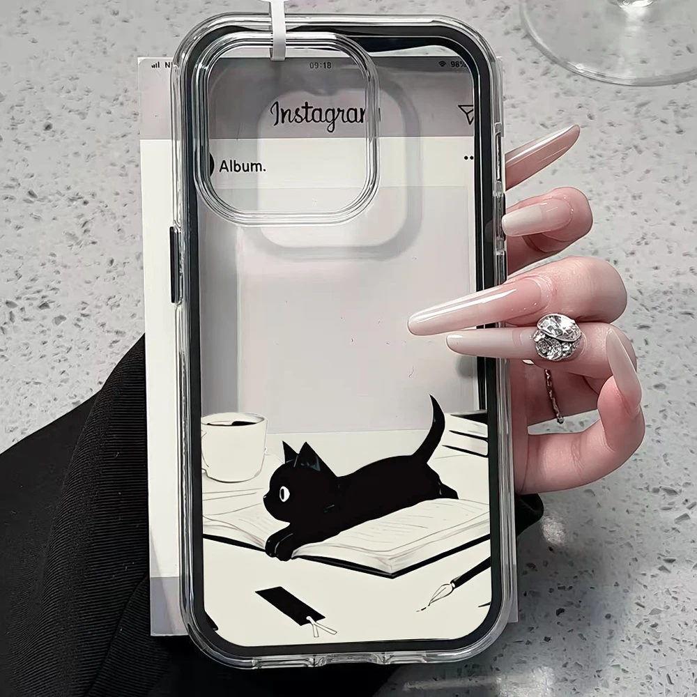 Niedliche, lustige schwarze Katze transparente Handyhülle für iPhone 11 12 13 14 15 16 17 Pro Max Plus Air, stoßfeste Schutzhülle – Detail 2