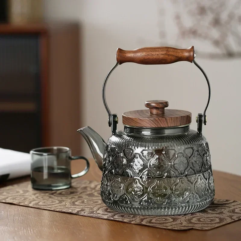 Smoky Gray Glass Loop-Handled Teapot Household Borosilicate Glass Cooking Integrated Scented Teapot Heating Kettle