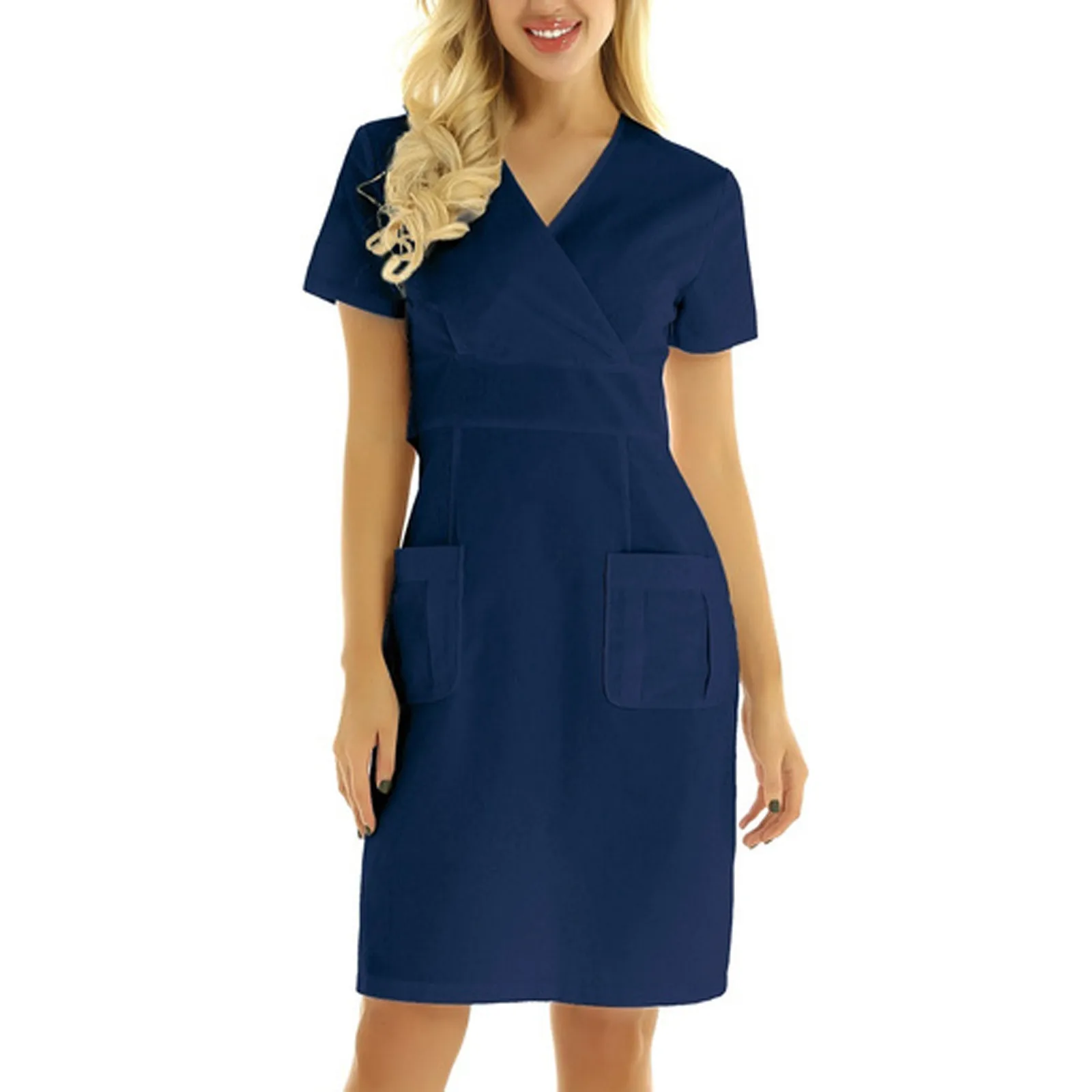 

Nurse Working Uniforms Dress Women Short Sleeve V-neck Solid Workwear Ladies Pocket Dress Medical Nursing Medical Uniforms