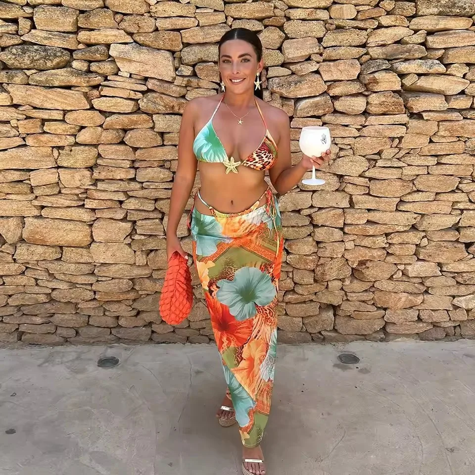 

Women Print Beach Skirt Three Piece Sets for Women Sexy Starfish Bikini Sets and Long Skirts Beachwear Matching Sets 2025