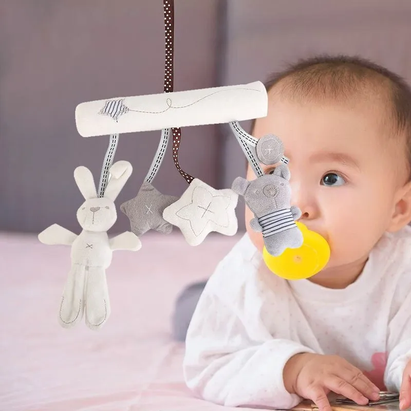 Baby Hanging Rattle Toys Soft Infant Music Plush Activity Crib Stroller Toys Rabbit Bunny Bed Mobile Bell Rattles for Girls Boys