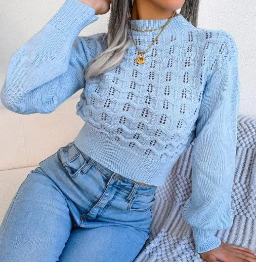 

Women's Solid Color Knitted Sweater Autumn Winter Street Style with Hollow Striped Lantern Sleeves And Exposed Navel