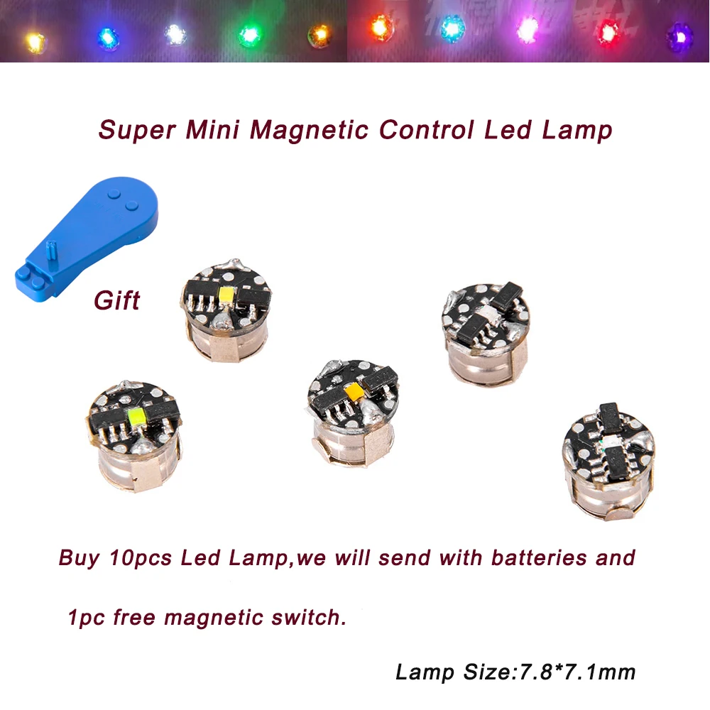 10 Stück Super Mini magnetische LED-Lampe Spielzeug 7,8 mm * 7,1 mm DIY Modellbau allgemeines Modell plus Licht mit Batterien und 1 Stück Magnet