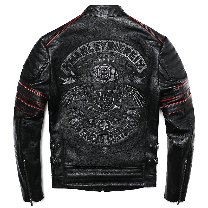 Black Spring Leather Jacket Men Punk Style Plus Size 6XL Genuine Natural Cowhide Slim Fit Skulls Embroidery Leather Coat