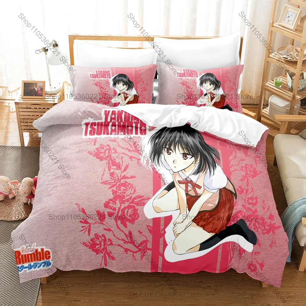 Conjunto de roupa de cama School Rumble com padrão Tenma Harima Karasuma, roupa de cama confortável para fãs de anime, capa de edredom, duas fronhas, decoração para casa