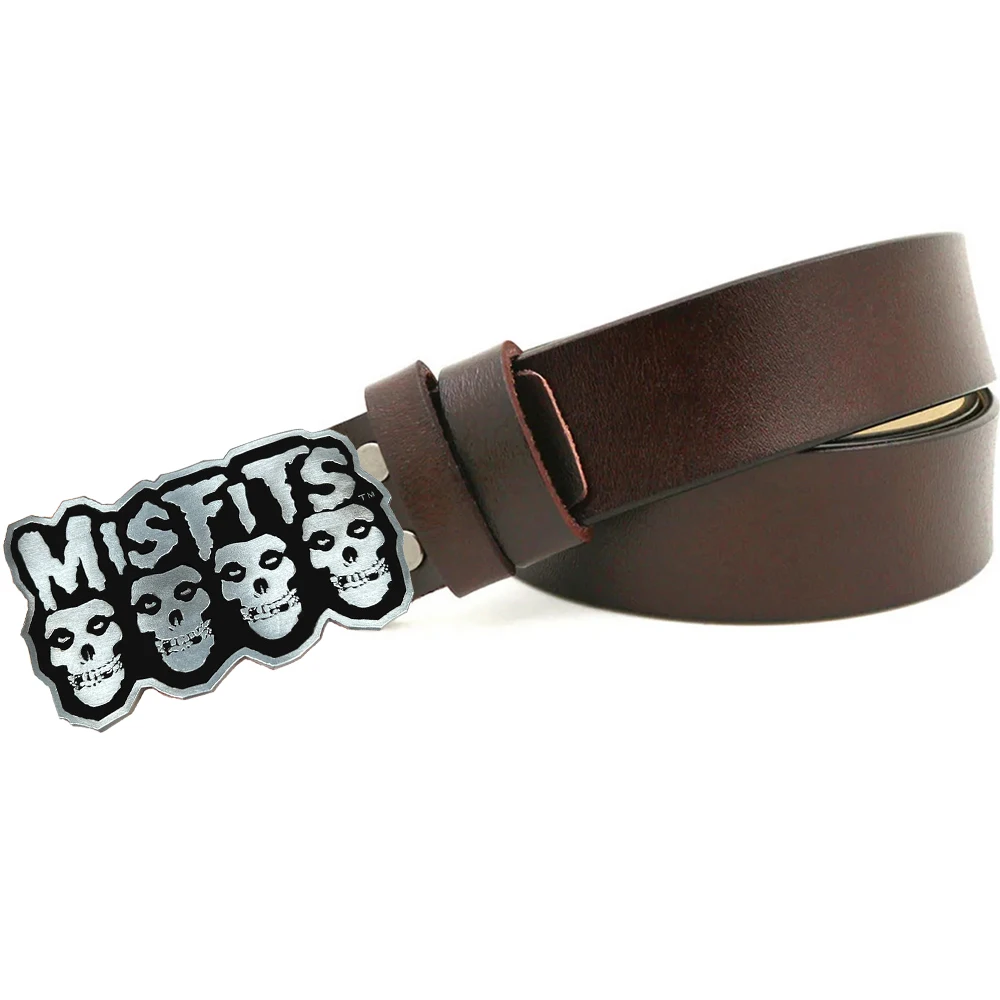 Funny Misfits Skull Belt Buckle with Genuine Leather Long Belts for Men