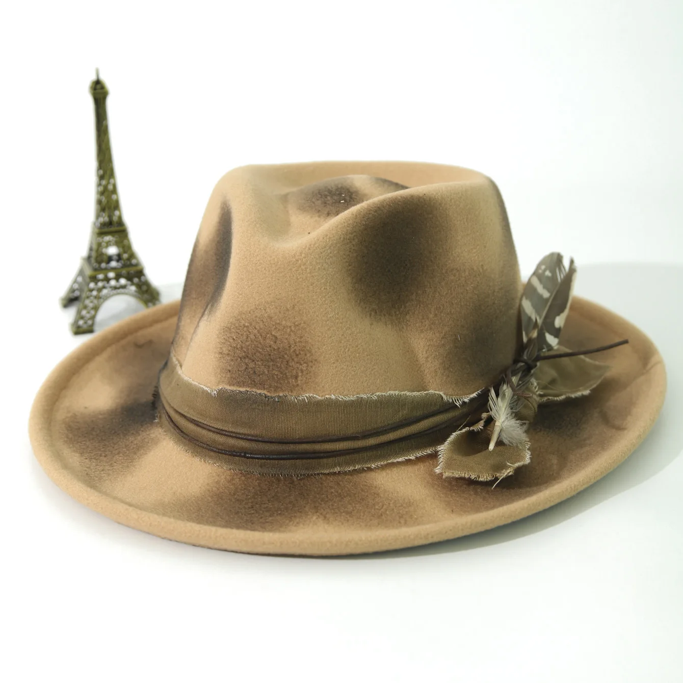 Spray Paint Vintage Distressed Feather Wool Felt Jazz Hat, Sombrero de jazz de plumas vintage
