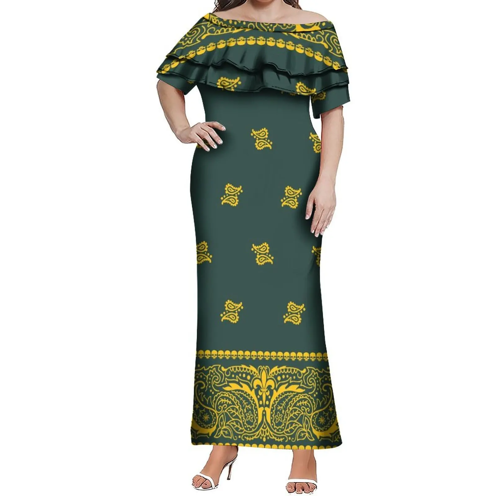 Vestido de emagrecimento de folha de lótus de camada dupla de um ombro Um vestido elegante feito sob medida com bandana retrô para mulheres