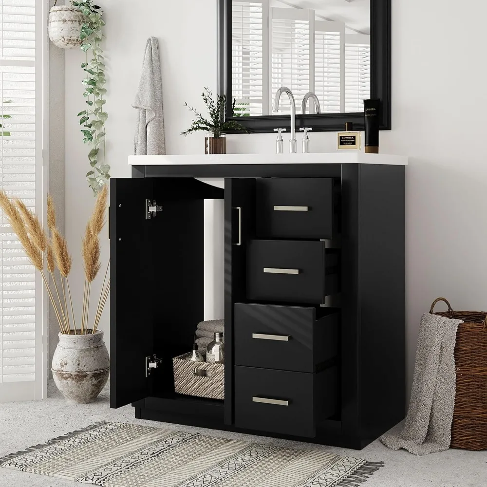 Mueble de tocador tradicional de cerámica con 3 cajones y 2 puertas de 30" para almacenamiento en el baño