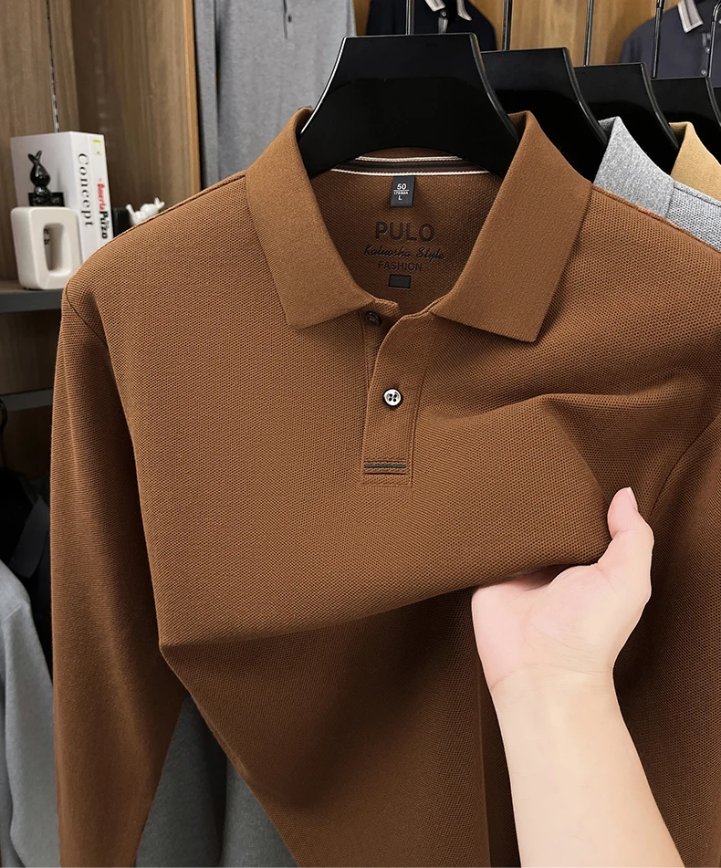 Hochwertiges Langarm-Poloshirt aus 100% Baumwolle für Herren, neue Luxus-Modemarke, Frühling/Herbst, luxuriöser Komfort, lässiges Business-T-Shirt. – Detail 17