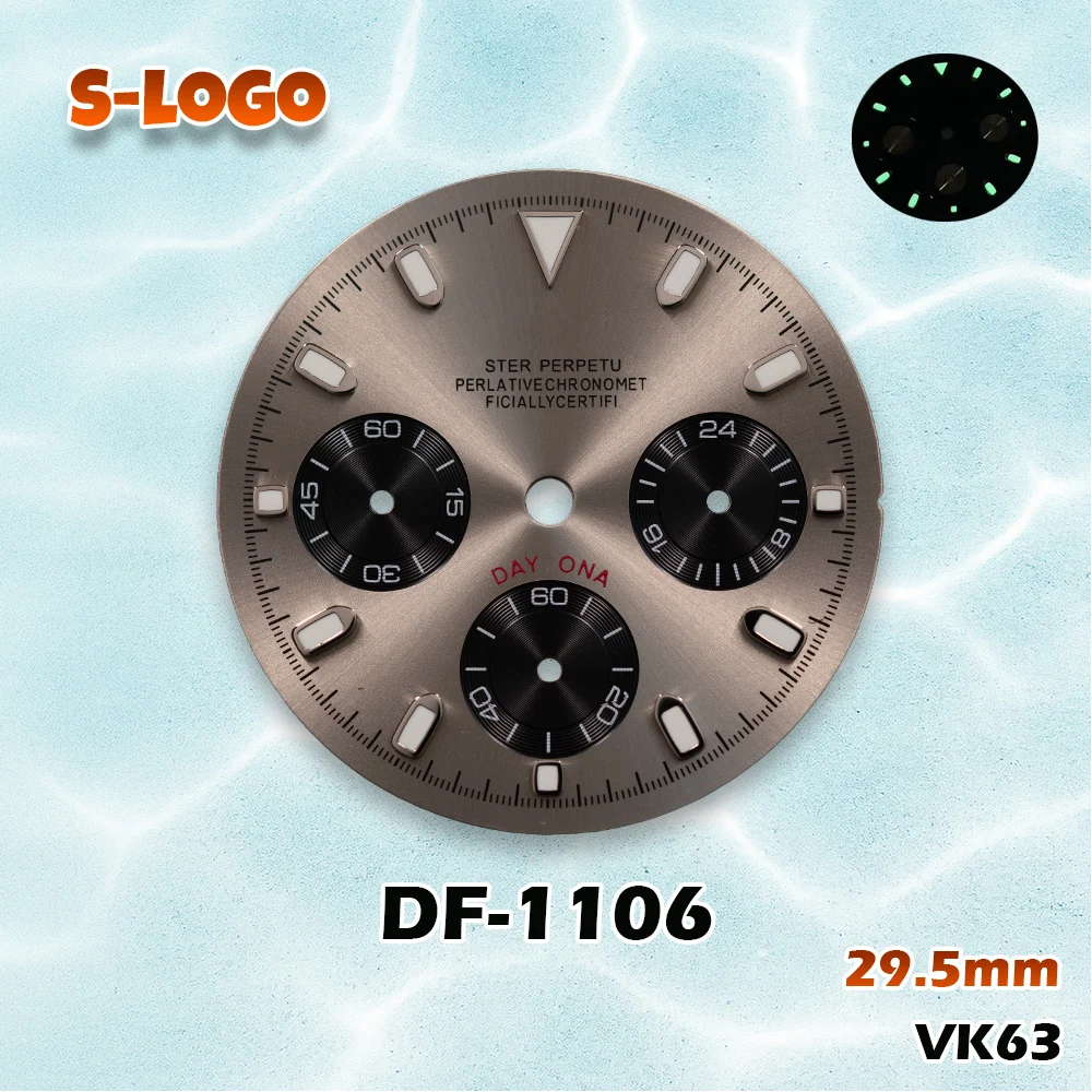 Versatile Panda Chronograph Dial 29.5mm for VK63 | Green Luminous, S Logo | Men's Watch Modification Accessories