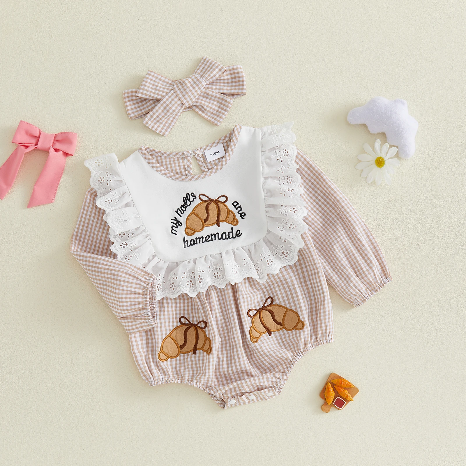 Baby Girl Thanksgiving Romper Letter Croissant Embroidery Plaid Print Short Sleeve Infant Bodysuits Jumpsuits with Headband
