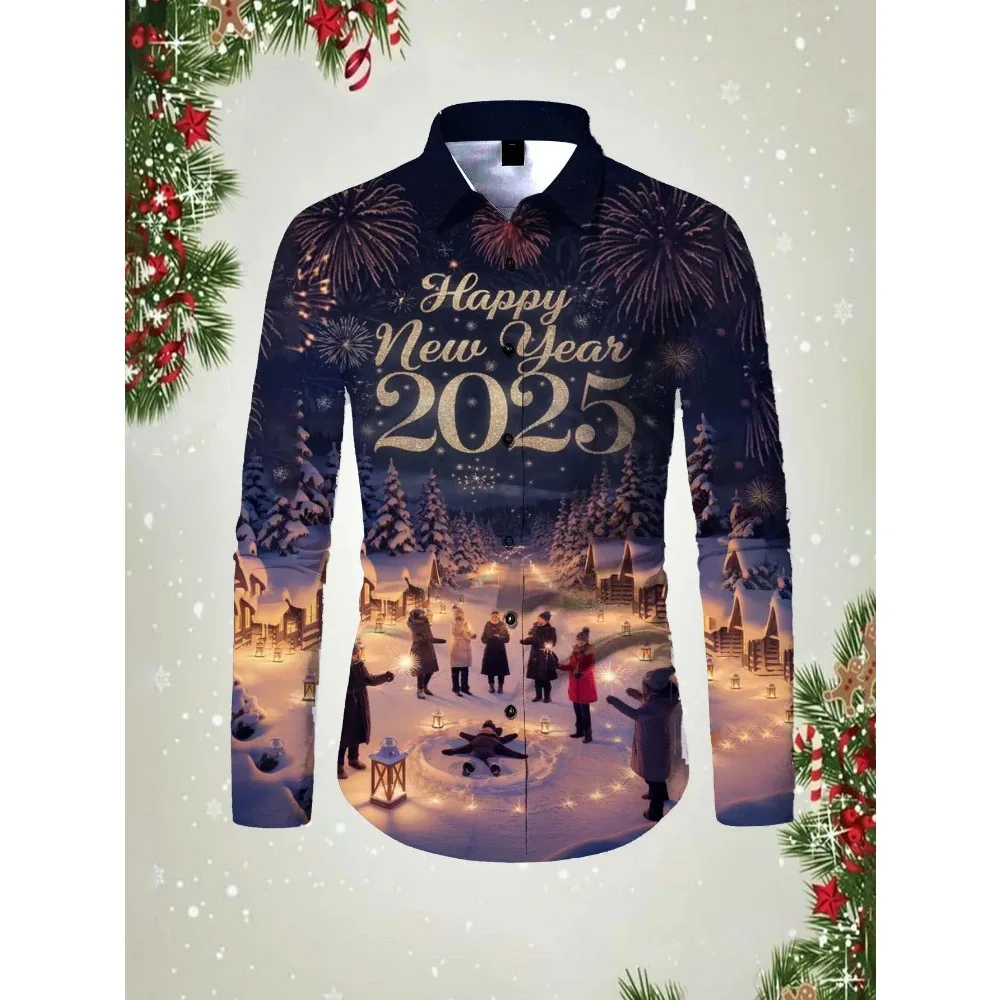 2025 Happy New Year Pattern 3D printed Men's long sleeved shirt top spring autumn new fashion casual unisex clothing